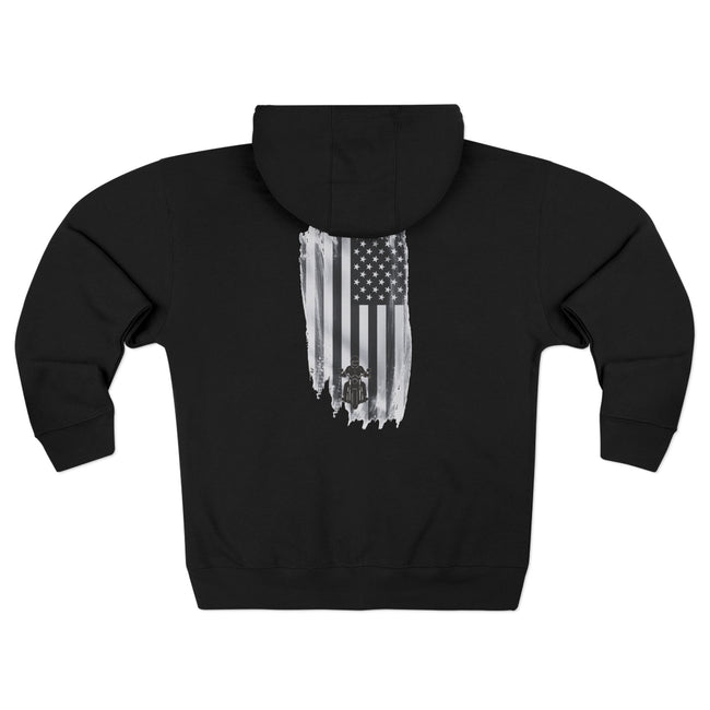 Patriotic with Motorcycle Unisex Zip Hoodie - Black with American Flag Design
