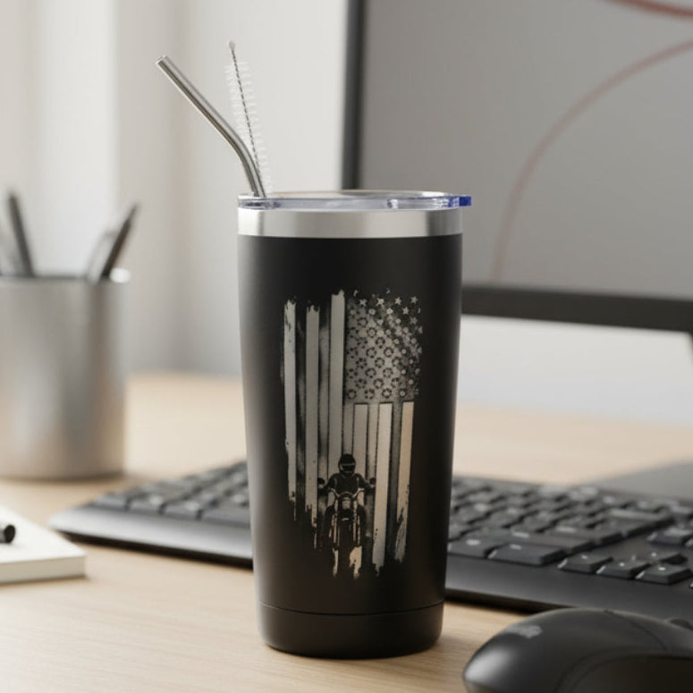 20oz Tumbler With The American Flag and Motorcycle Rider