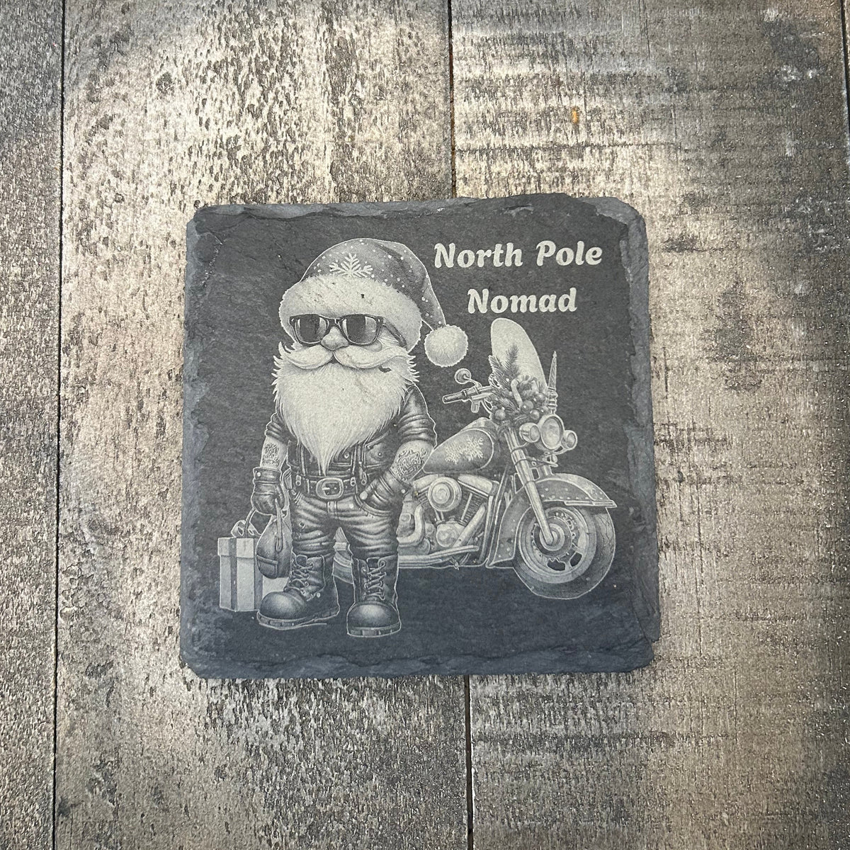 NORTH POLE NOMAD — SANTA ON MOTORCYCLE — Slate Coaster 2-Pack