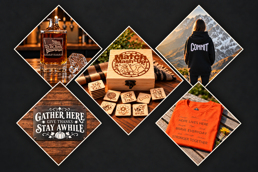 Rebel Light House engraved gifts, wooden games, metal signs and apparel in a diamond collage