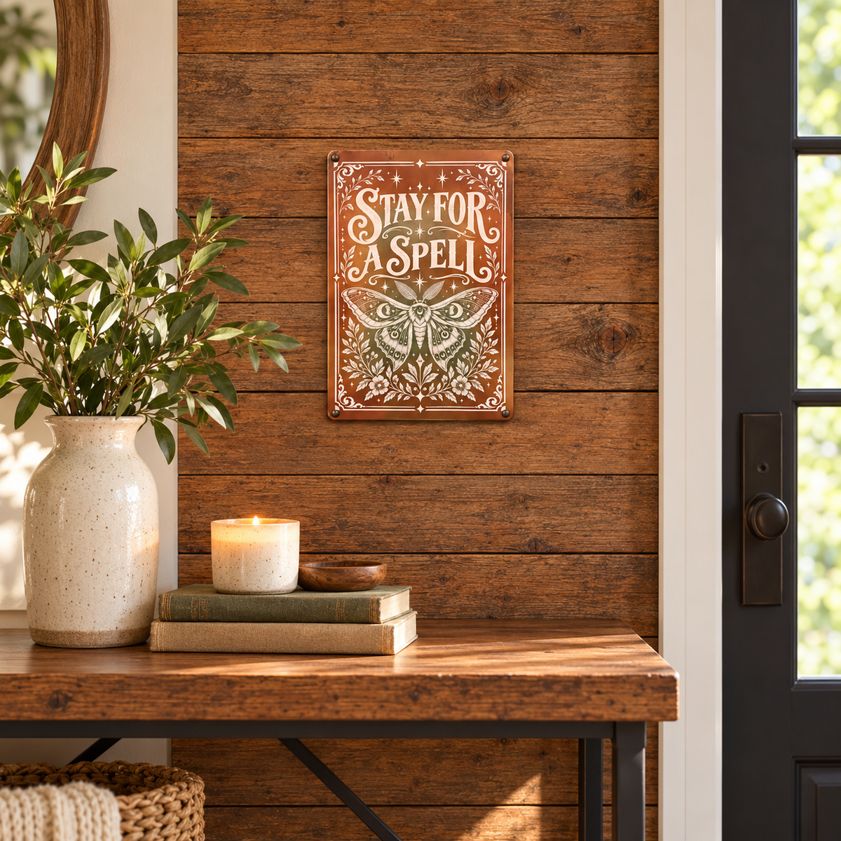 STAY FOR A SPELL — Metal Sign