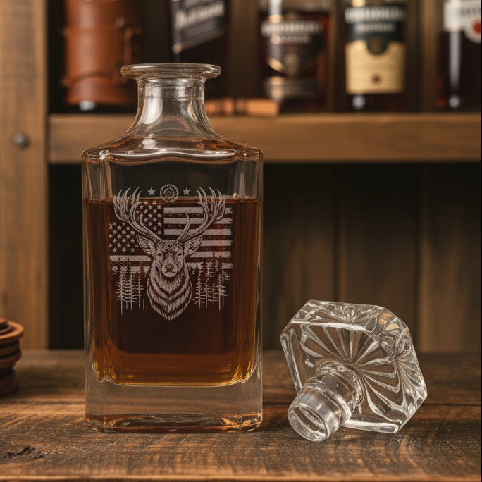 Glass decanter with deer with flag engraving