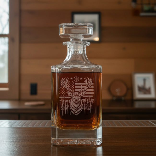 Glass decanter with deer with flag engraving