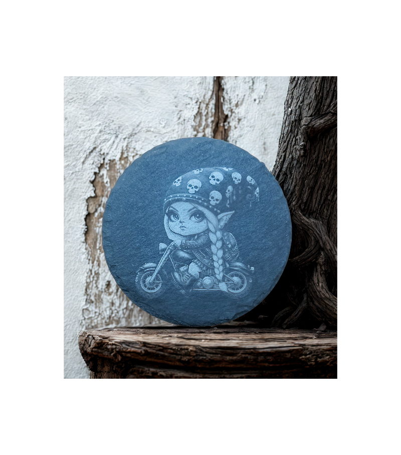 Gnome Female Motorcycle Rider Skull Bandana-Slate Round Coaster