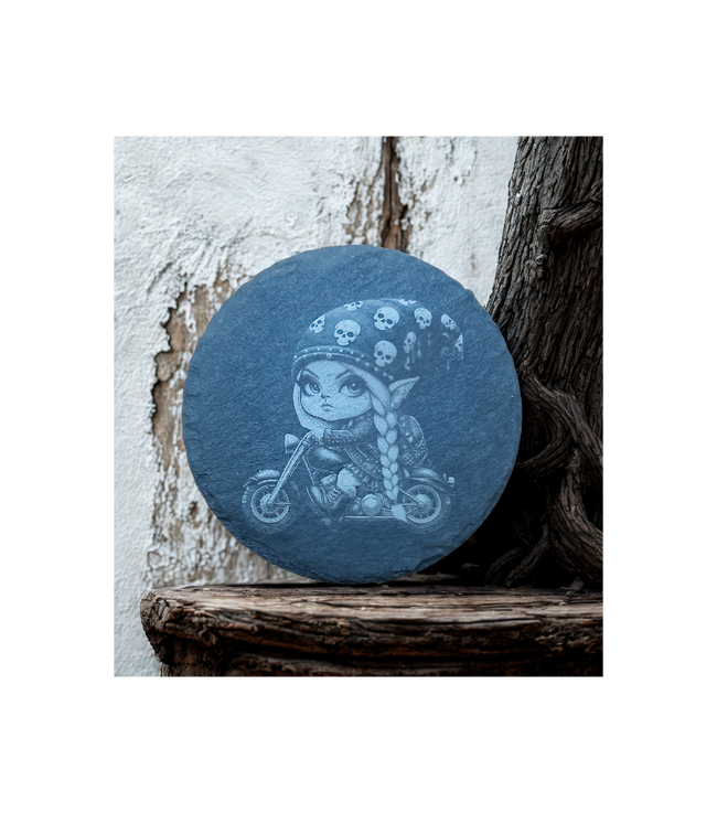 Gnome Female Motorcycle Rider Skull Bandana-Slate Round Coaster