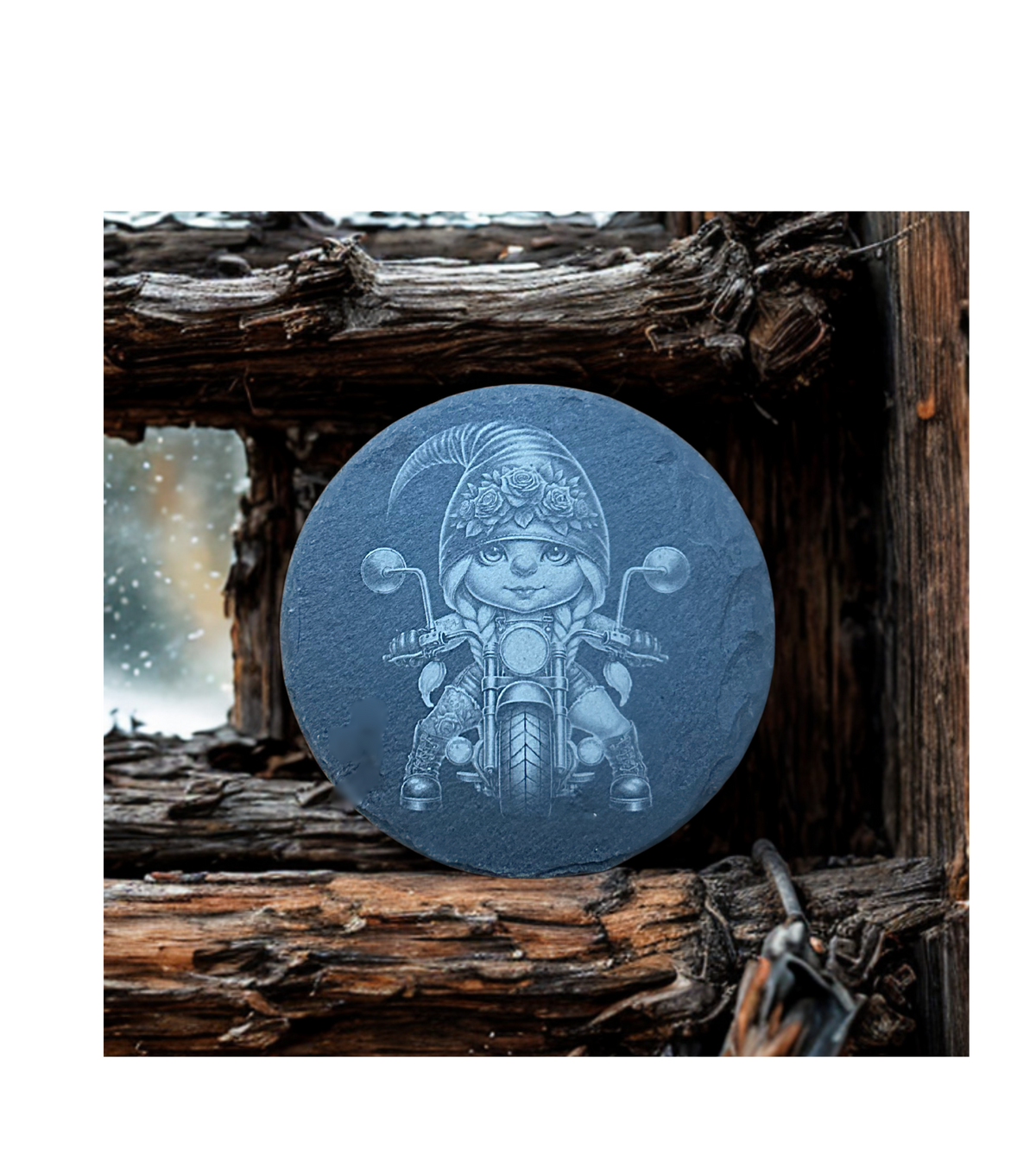 GNOME FLOWER HAT BIKER — Slate Coaster 2-Pack