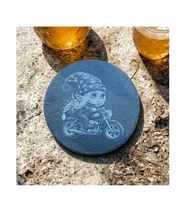 Gnome Biker Female Single Braid-Slate Coaster Round