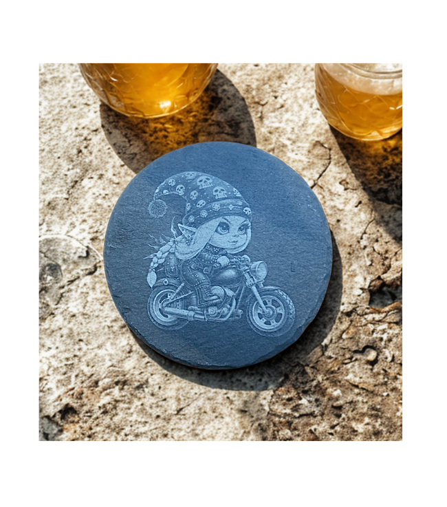 Gnome Biker Female Single Braid-Slate Coaster Round