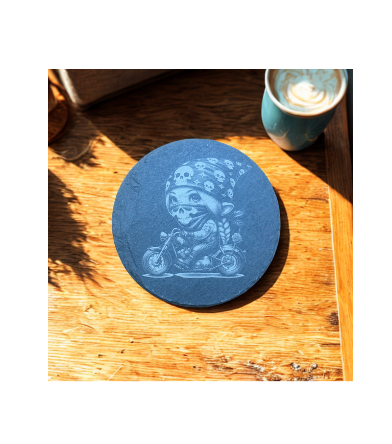 Gnome Biker Female Skull Face Bandana- Slate Coaster Round
