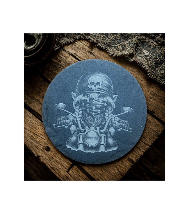 Gnome Biker with Skull Bandana -Slate Coaster Round
