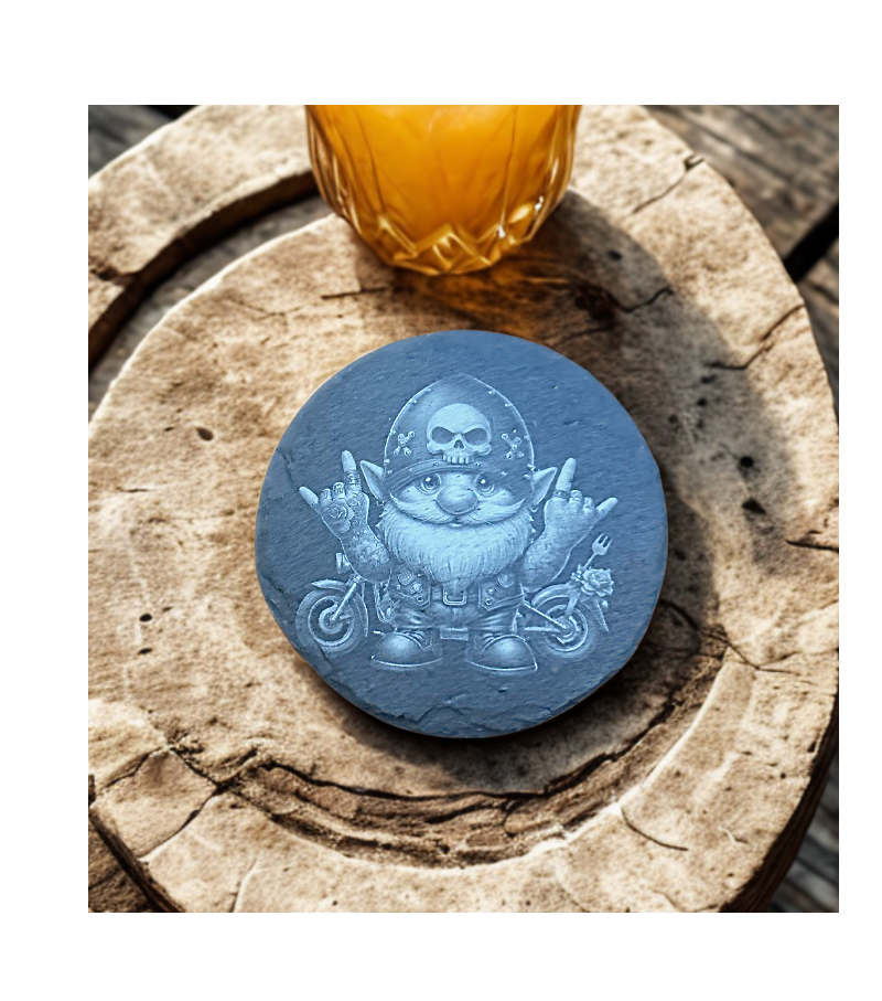 Gnome Biker Male with Rocker Hands-Slate Coaster Round