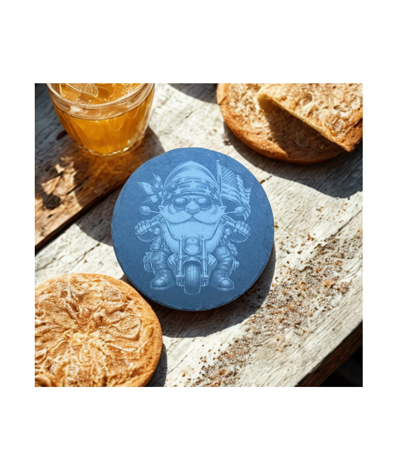 Gnome Biker Patriotic-Slate Coaster Round