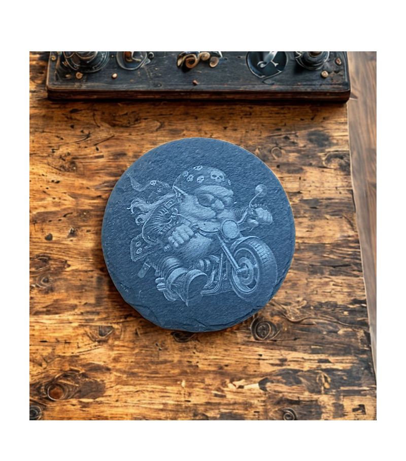 Gnome Biker Male With Long Hair-Slate Coaster Round