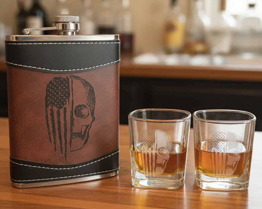 WE THE PEOPLE-SKULL FLASK AND SHOT GLASS GIFT SET