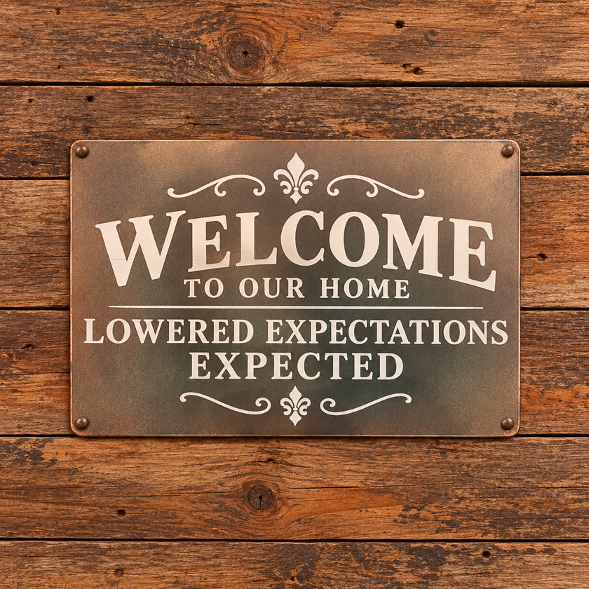 WELCOME TO OUR HOME LOWERED EXPECTATIONS EXPECTED — Metal Sign